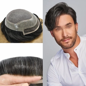 Hair System for Men Toupee Human Hair Pieces French Lace Front Bleached Knot Toupee for Men Hair Replacement Systems Durable Fine Monofilament Men's Hairpiece 8X10#1B20 1B# OFF BLACK 20% GREY