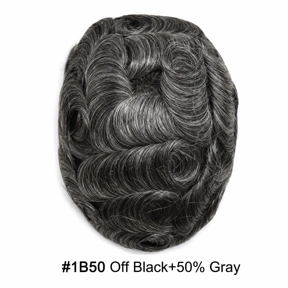 Hair System for Men Toupee Human Hair Pieces French Lace Front Bleached Knot Toupee for Men Hair Replacement Systems Durable Fine Monofilament Men's Hairpiece 8X10#1B50 1B# OFF BLACK 50% GREY