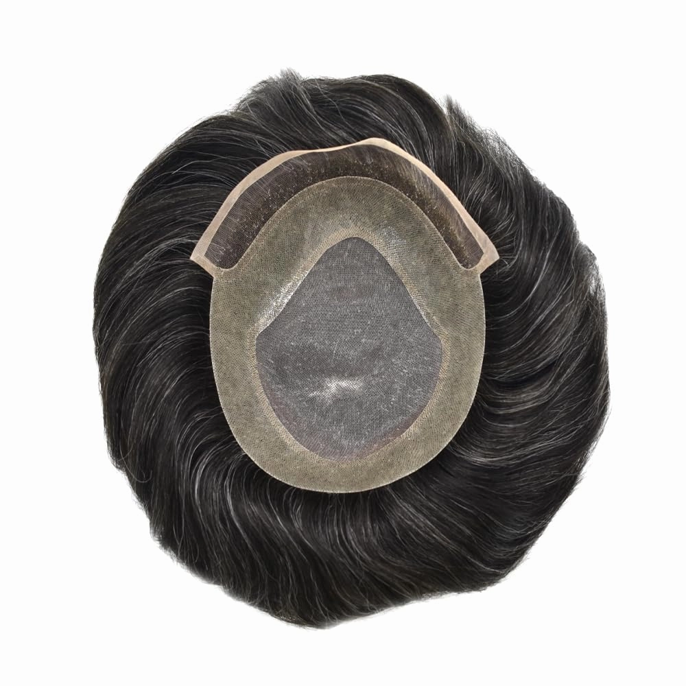 Hair System for Men Toupee Human Hair Pieces French Lace Front Bleached Knot Toupee for Men Hair Replacement Systems Durable Fine Monofilament Men's Hairpiece 8X10#1B50 1B# OFF BLACK 50% GREY