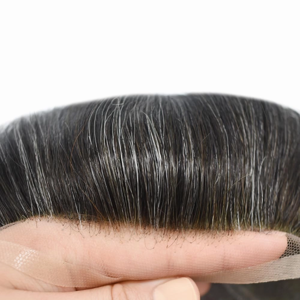Hair System for Men Toupee Human Hair Pieces French Lace Front Bleached Knot Toupee for Men Hair Replacement Systems Durable Fine Monofilament Men's Hairpiece 8X10#1B50 1B# OFF BLACK 50% GREY