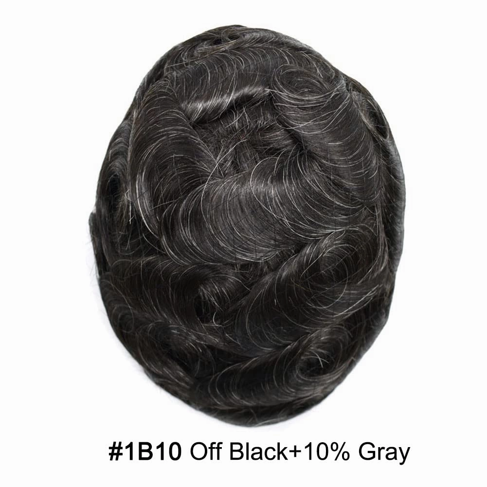 Hair System For Men Toupee Human Hair Pieces French Lace Front Toupee For Men Hair Replacement Systems Fine Mono Men Hairpiece 7X9Medium light to medium density#1B10 1B# OFF BLACK 10%GREY