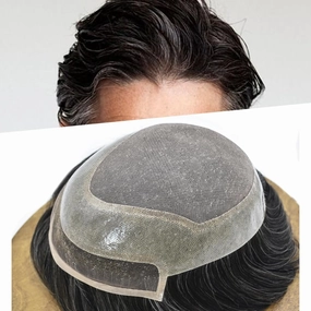 Hair System For Men Toupee Human Hair Pieces French Lace Front Toupee For Men Hair Replacement Systems Fine Mono Men Hairpiece 7X9Medium light to medium density#1B10 1B# OFF BLACK 10%GREY