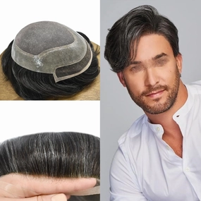 Hair System For Men Toupee Human Hair Pieces French Lace Front Toupee For Men Hair Replacement Systems Fine Mono Men Hairpiece 7X9Medium light to medium density#1B20 1B# OFF BLACK 20%GREY