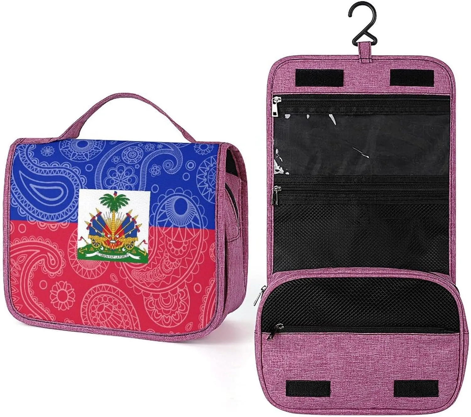 Haiti Paisley Flag Makeup Bag Travel Toiletry Bag Waterproof Cosmetic Bag with Portable Hook Handbag, style, 20240328