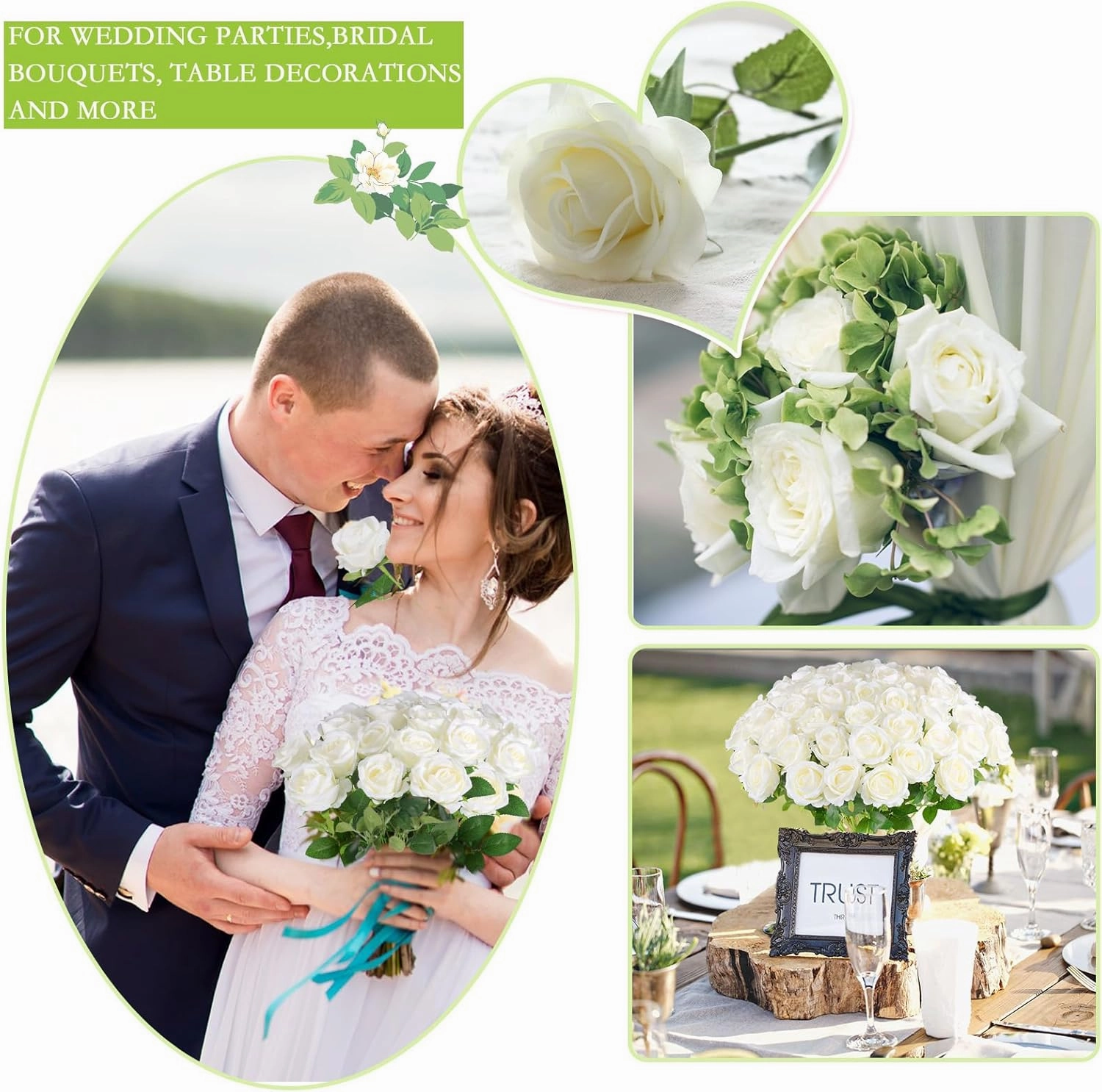 Hananona Artificial Roses in Bulk, Fake Silk White Roses Realistic Roses for Wedding Centerpieces Flower Arrangement Home Decor (100, White)
