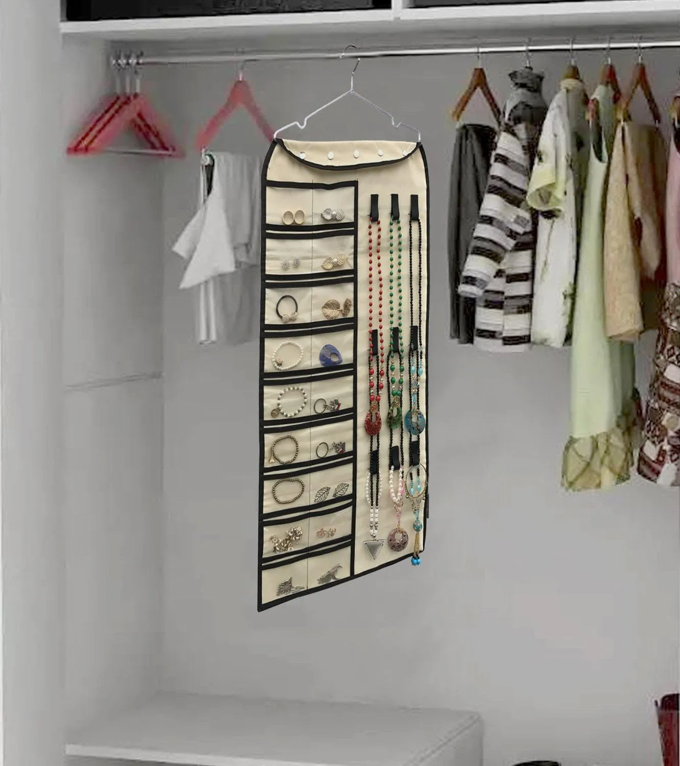 Hanging Jewelry Organizer,Accessories Organizer,56 Pocket Organizer for Holding Jewelries (Beige-56 Pockets)