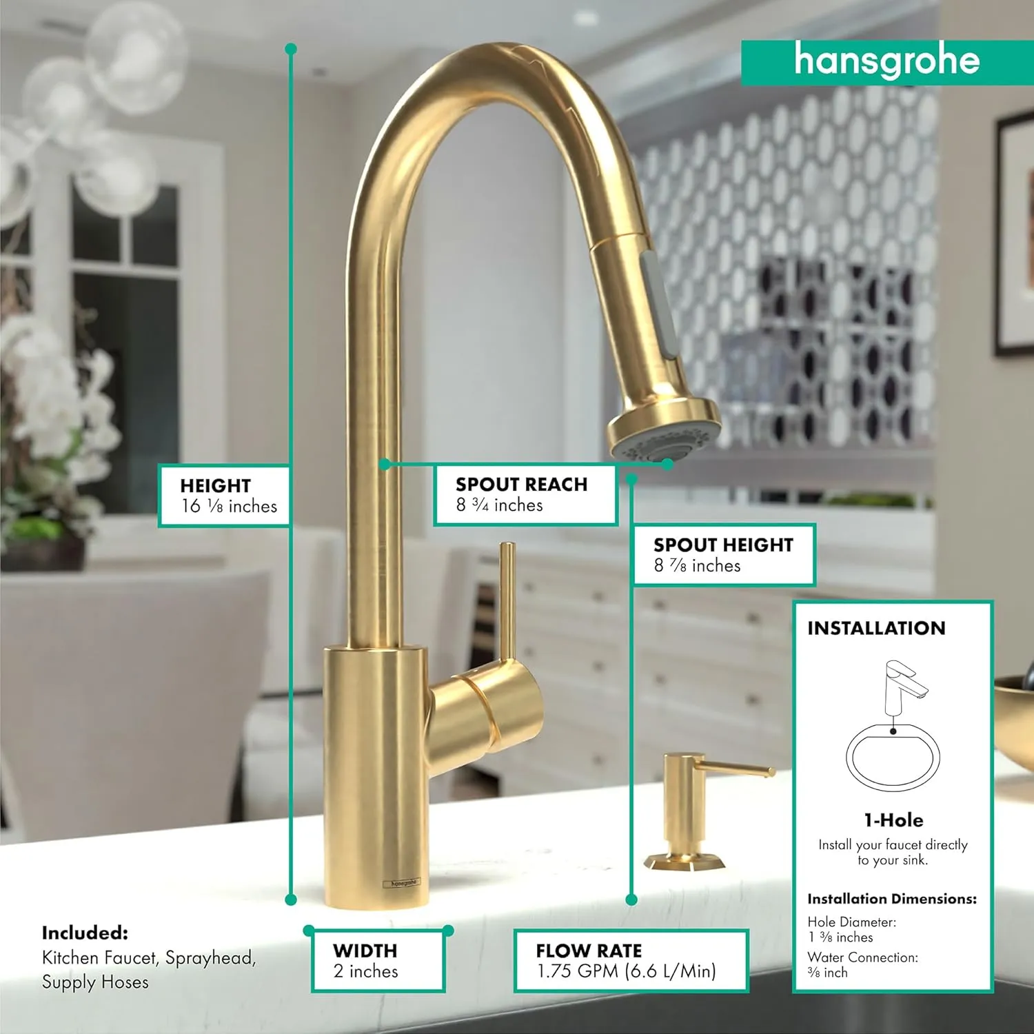 hansgrohe Talis S² Gold High Arc Kitchen Faucet, Kitchen Faucets with Pull Down Sprayer, Faucet for Kitchen Sink, Magnetic Docking Spray Head, Brushed Gold Optic 14877251