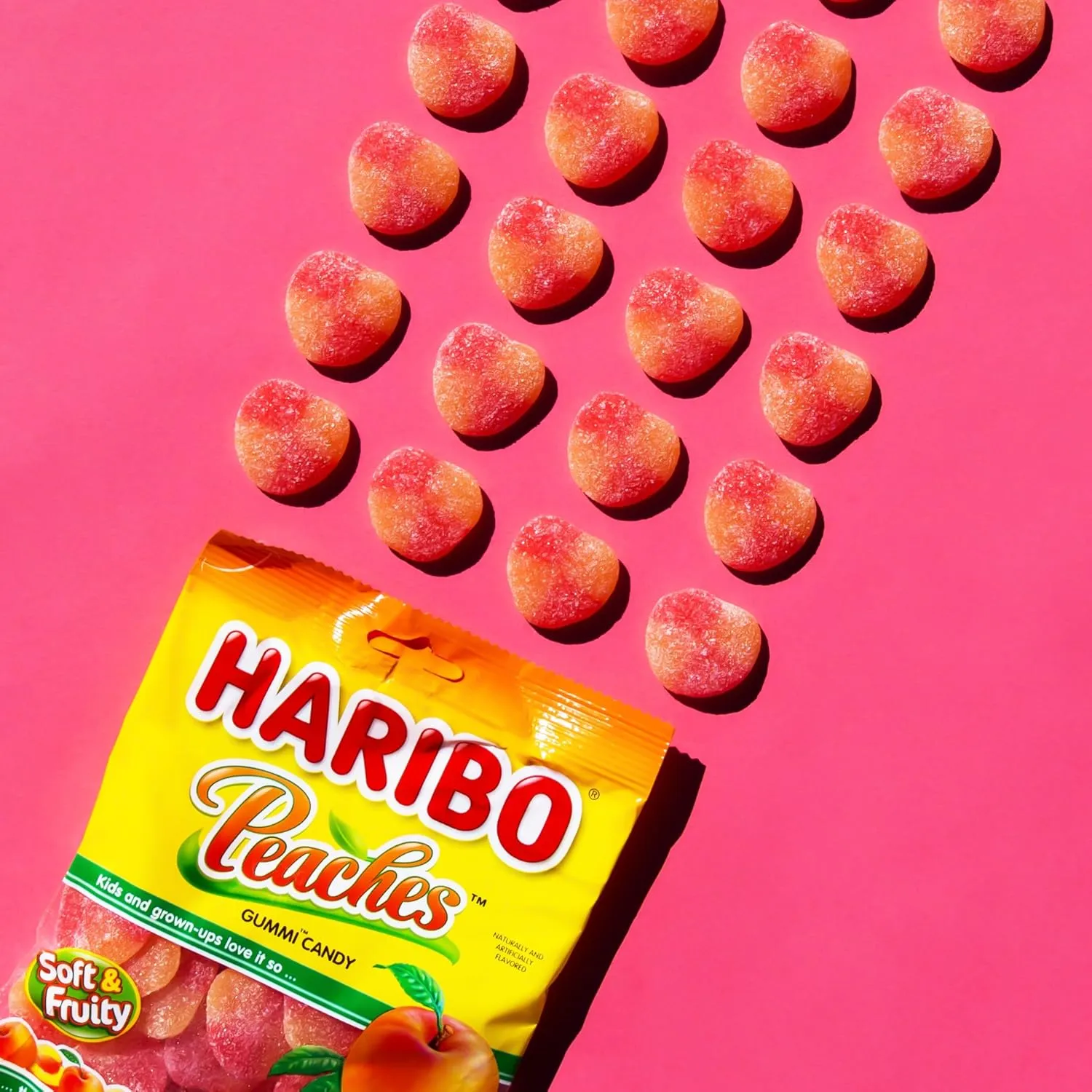 HARIBO Gummi Candy, Peaches Gummy Candy, 5 Ounce Share Size Bags (Pack of 12) Delicious Soft & Chewy Sweet Snacks, Fruity Peach Flavor