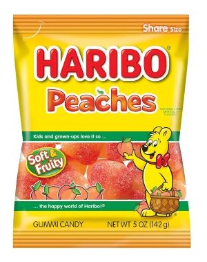 HARIBO Gummi Candy, Peaches Gummy Candy, 5 Ounce Share Size Bags (Pack of 12) Delicious Soft & Chewy Sweet Snacks, Fruity Peach Flavor