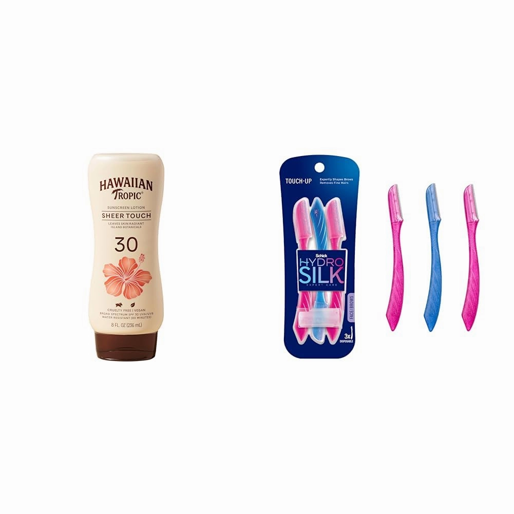 Hawaiian Tropic Sunscreen SPF 30, 8oz and Schick Hydro Silk Dermaplaning Tool with Precision Cover, 3ct