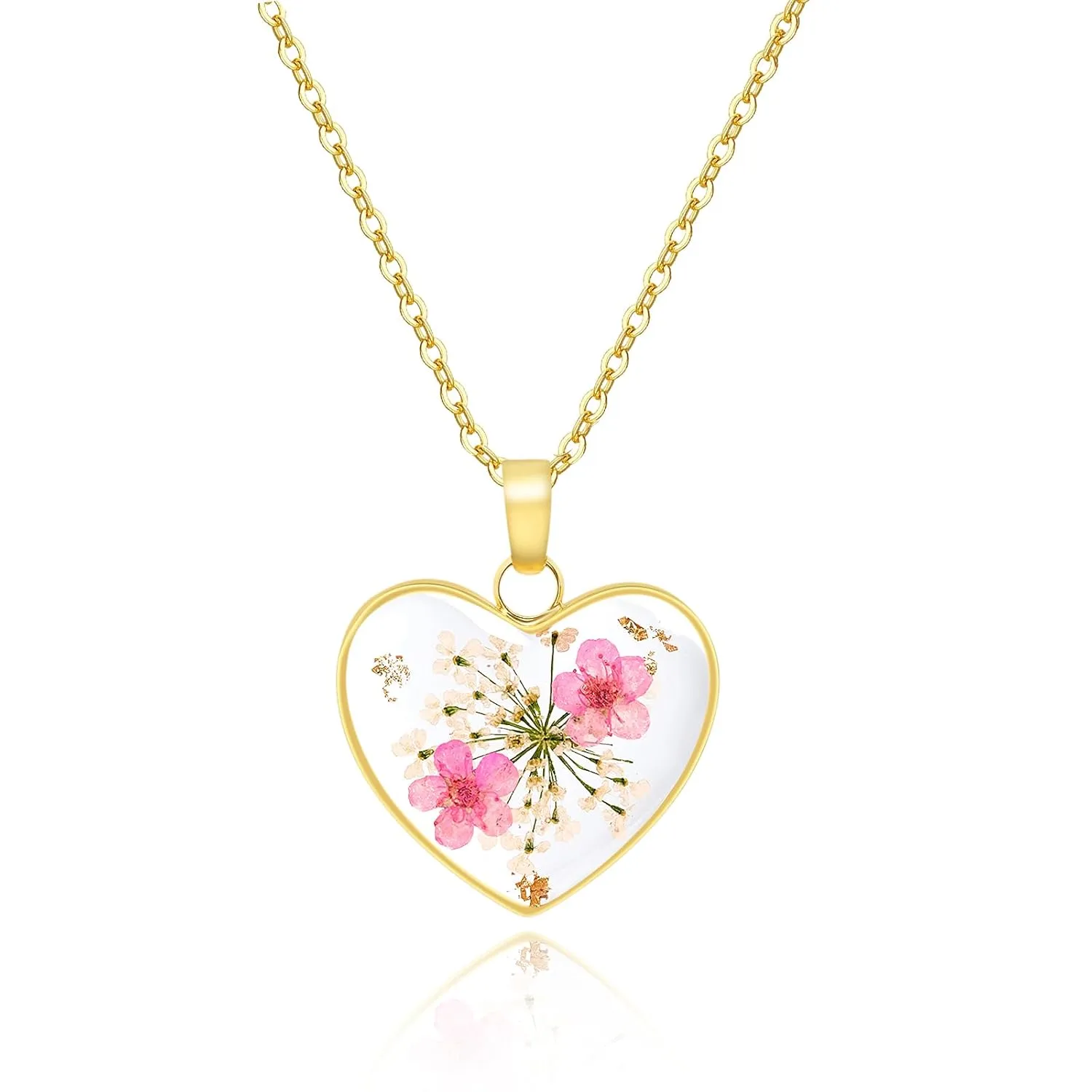 Heart Necklaces for Women - Daffodil Real Flower Necklace - Handmade Daffodil and Queen Anne'S Lace Pressed Flower Resin Necklace - Gold | 18"