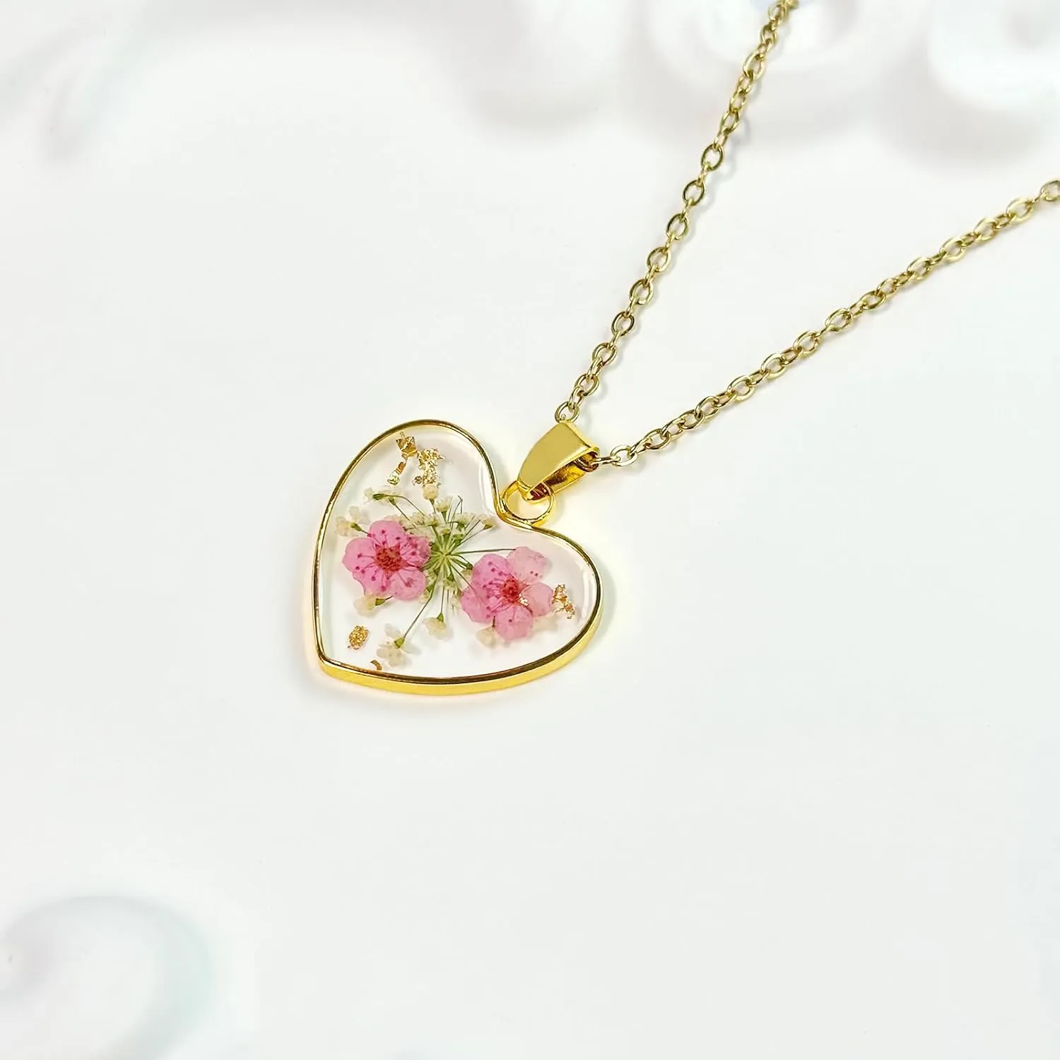 Heart Necklaces for Women - Daffodil Real Flower Necklace - Handmade Daffodil and Queen Anne'S Lace Pressed Flower Resin Necklace - Gold | 18"
