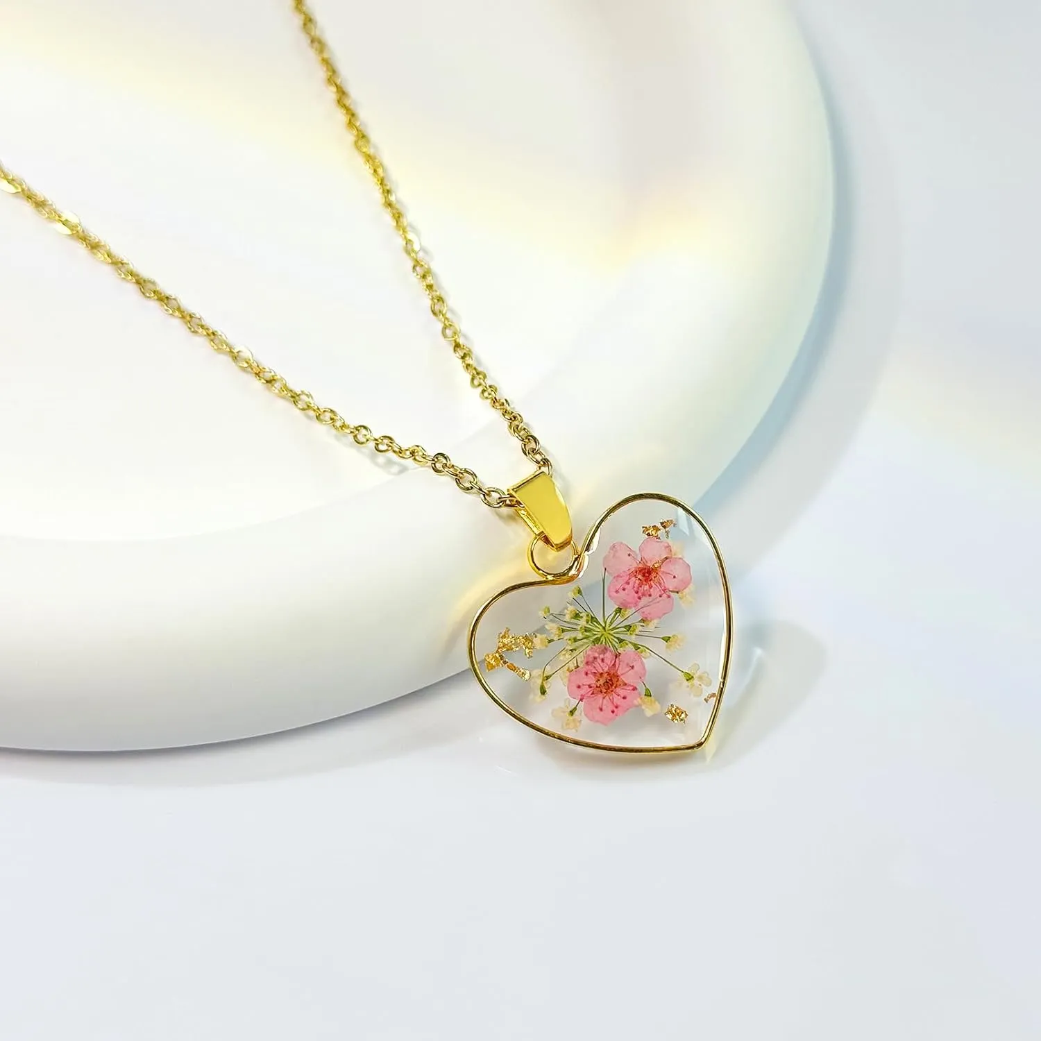 Heart Necklaces for Women - Daffodil Real Flower Necklace - Handmade Daffodil and Queen Anne'S Lace Pressed Flower Resin Necklace - Gold | 18"