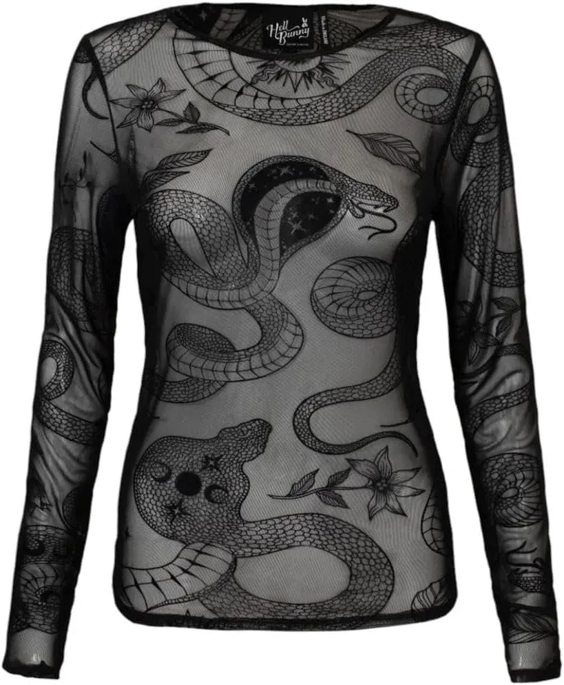 Hell Bunny Snake Charmer Top Gothic Mesh Shirt – Snake Print Velvet Flock