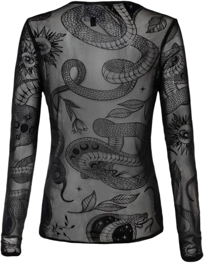Hell Bunny Snake Charmer Top Gothic Mesh Shirt – Snake Print Velvet Flock