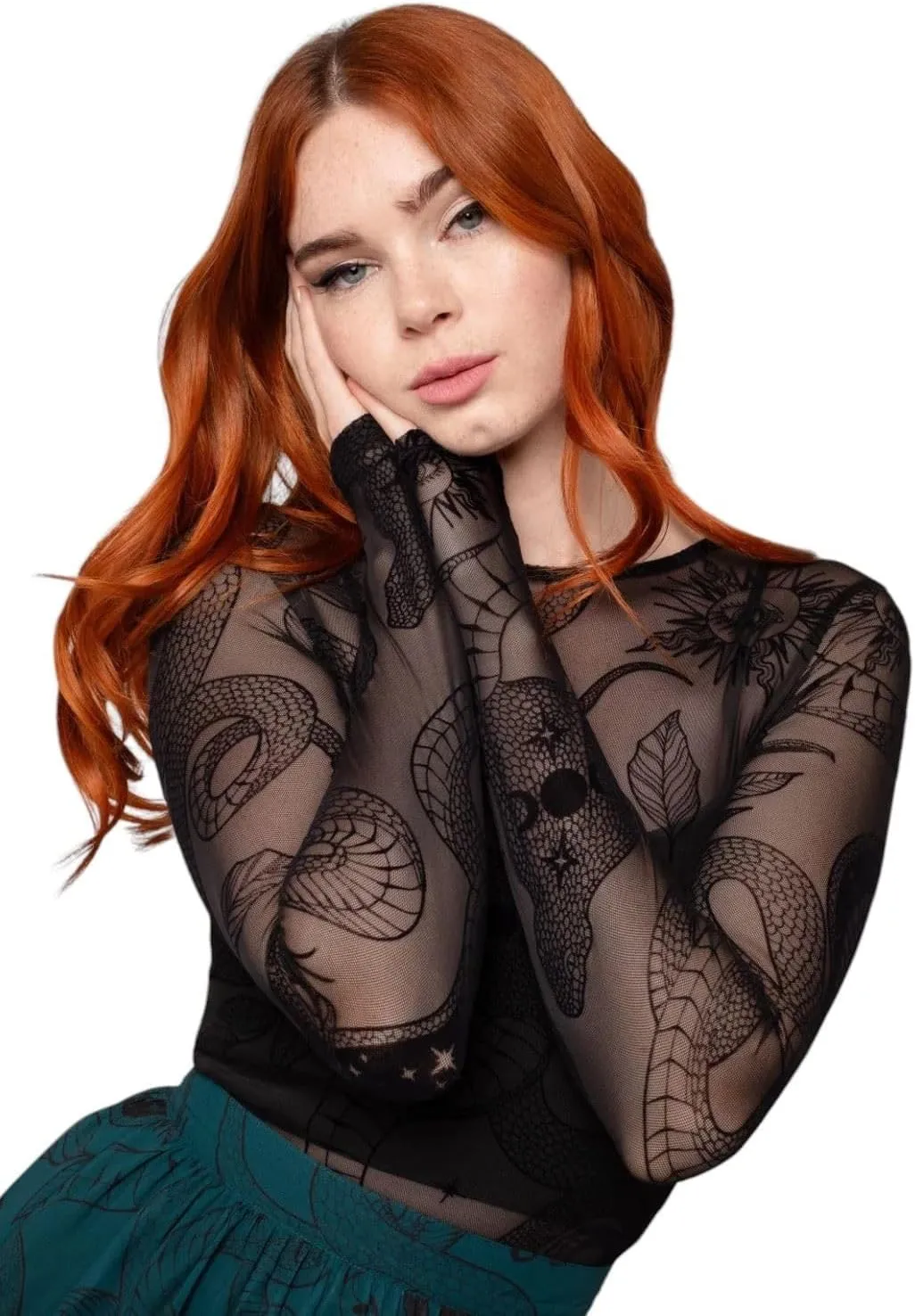 Hell Bunny Snake Charmer Top Gothic Mesh Shirt – Snake Print Velvet Flock