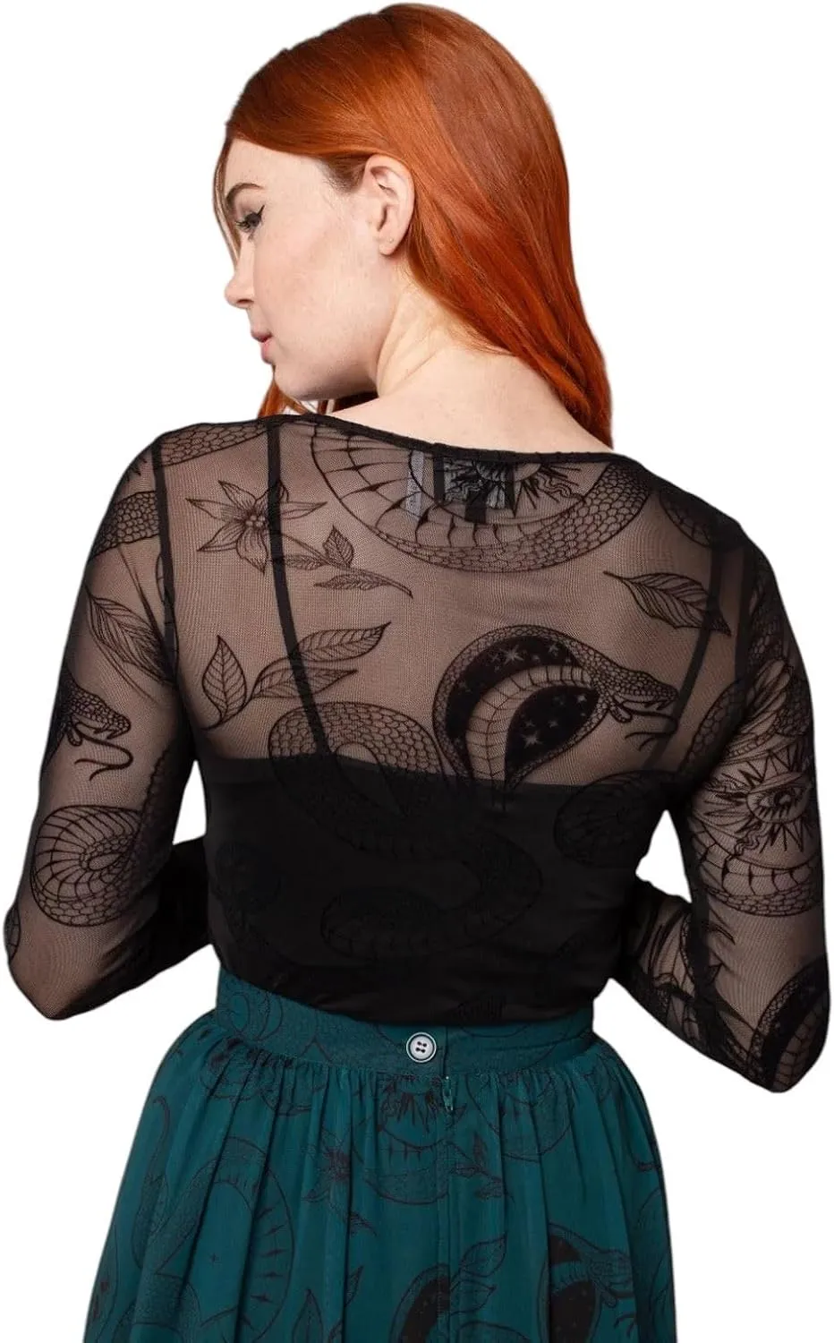 Hell Bunny Snake Charmer Top Gothic Mesh Shirt – Snake Print Velvet Flock