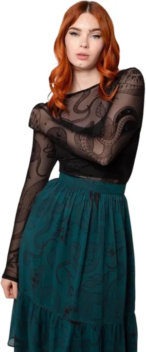 Hell Bunny Snake Charmer Top Gothic Mesh Shirt – Snake Print Velvet Flock