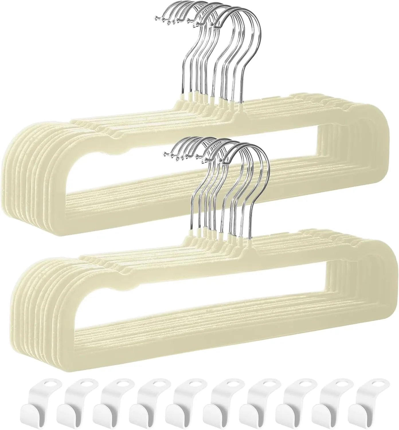 HGYZE Velvet Pant Hanger Space Saving, 20 Pack Non-Slip Shorts Hanger, Jeans Slack Trousers Hanger with 10pcs Clothe Hanger Connector Hooks Closet Organizer, Slim Felt Hangers for College Dorm (Beige)
