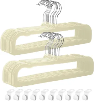 HGYZE Velvet Pant Hanger Space Saving, 20 Pack Non-Slip Shorts Hanger, Jeans Slack Trousers Hanger with 10pcs Clothe Hanger Connector Hooks Closet Organizer, Slim Felt Hangers for College Dorm (Beige)