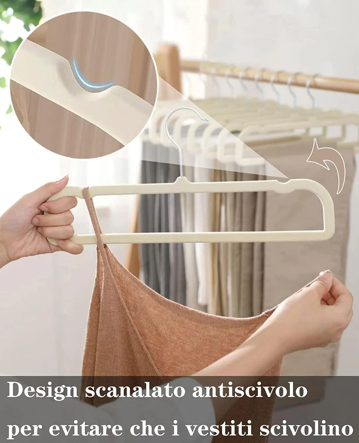 HGYZE Velvet Pant Hanger Space Saving, 20 Pack Non-Slip Shorts Hanger, Jeans Slack Trousers Hanger with 10pcs Clothe Hanger Connector Hooks Closet Organizer, Slim Felt Hangers for College Dorm (Beige)