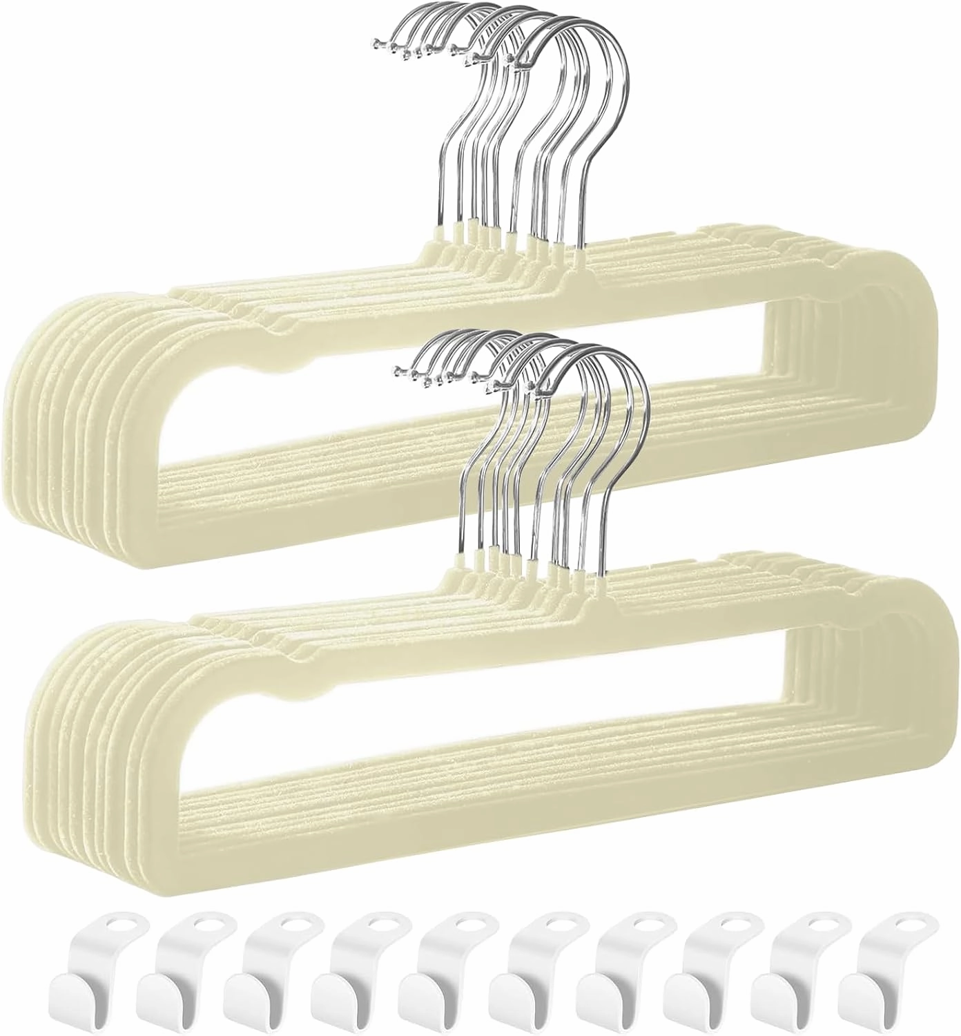 HGYZE Velvet Pant Hanger Space Saving, 20 Pack Non-Slip Shorts Hanger, Jeans Slack Trousers Hanger with 10pcs Clothe Hanger Connector Hooks Closet Organizer, Slim Felt Hangers for College Dorm (Beige)