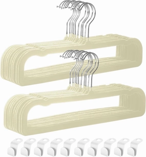 HGYZE Velvet Pant Hanger Space Saving, 20 Pack Non-Slip Shorts Hanger, Jeans Slack Trousers Hanger with 10pcs Clothe Hanger Connector Hooks Closet Organizer, Slim Felt Hangers for College Dorm (Beige)