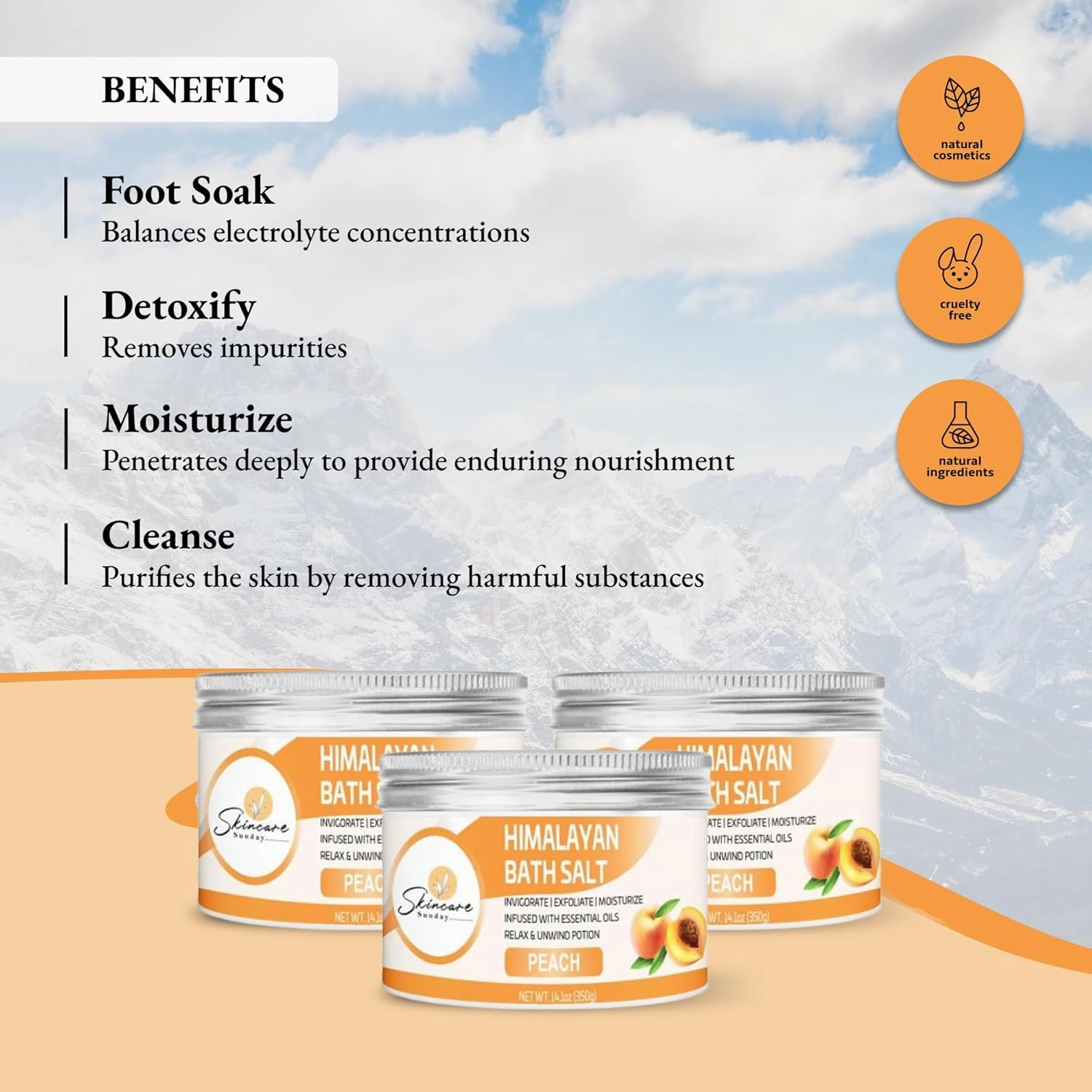 Himalayan Bath Salts – Pack of 3 | Infused with Minerals and Essential Oils - Invigorate | Exfoliate | Moisturize | Detoxify | Cleanse - Relaxing & unwinding Potion (Peach)