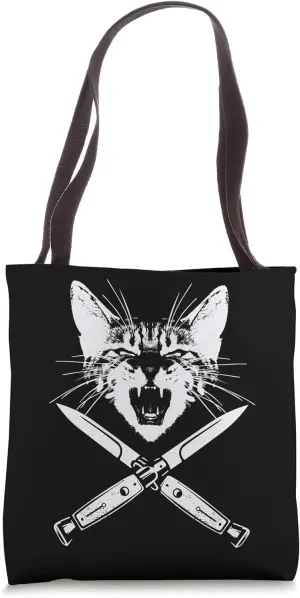 Hissing Cat with Crossed Switchblade Knives Kitten Claws Tote Bag