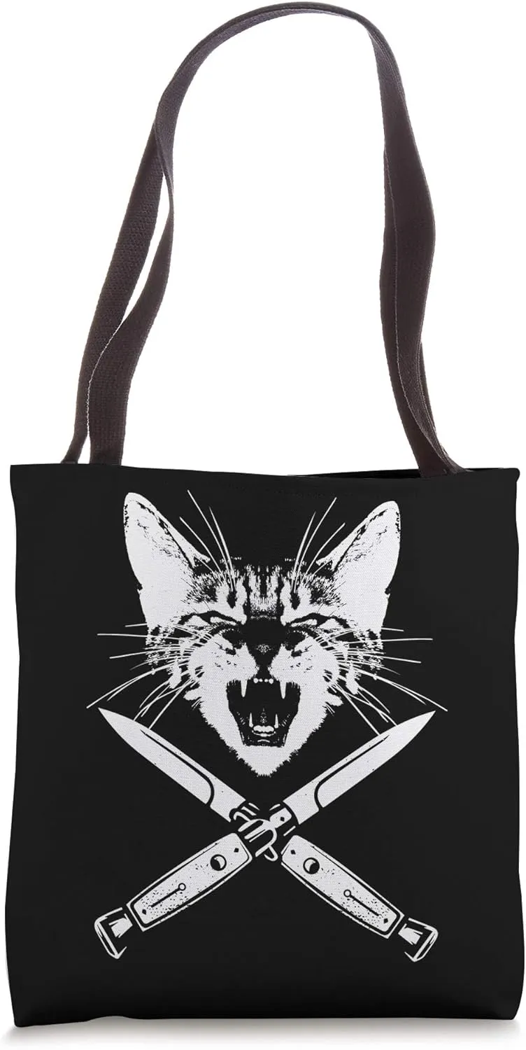 Hissing Cat with Crossed Switchblade Knives Kitten Claws Tote Bag