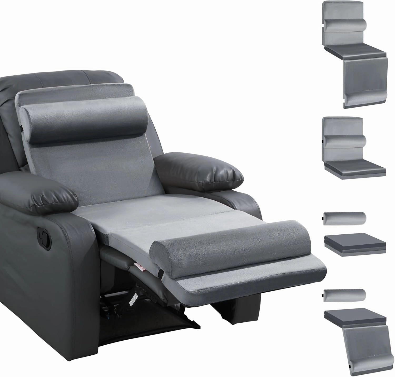 HOMBYS 5-in-1 Recliner Seat Cushion for Elderly Lumbar Support Pillow   Leg Pad, with Adjustable Half Moon Neck Pillow & Footrest, Foam Filling with Velvet Fabric, Thick & Non-Slip, Grey