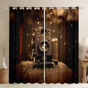 Homewish 3D Retro Movie Window Curtain,70s Movie Theater Bedroom Curtains,Kids Teens Adult Film Equipment Window Treatment Drapes Vintage Brown Soft Cozy Living Room Decor Top 2 Panels,52Wx63L