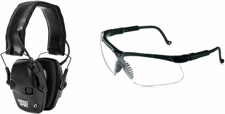 Howard Leight by Honeywell Impact Sport Sound Amplification Electronic Shooting Black Earmuff with Genesis Sharp-Shooter Shooting Glasses, Clear Lens