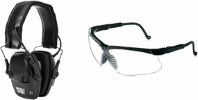 Howard Leight by Honeywell Impact Sport Sound Amplification Electronic Shooting Black Earmuff with Genesis Sharp-Shooter Shooting Glasses, Clear Lens