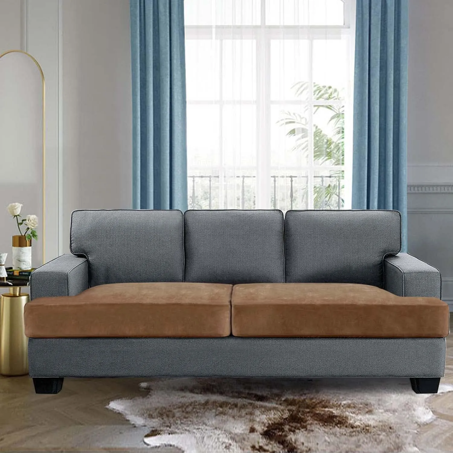 H.VERSAILTEX Stretch Velvet 2 Piece T Cushion Sofa Slipcovers - Individually Fitting Cushion Covers for 2 Cushion Couch - Stay in Place (Camel)