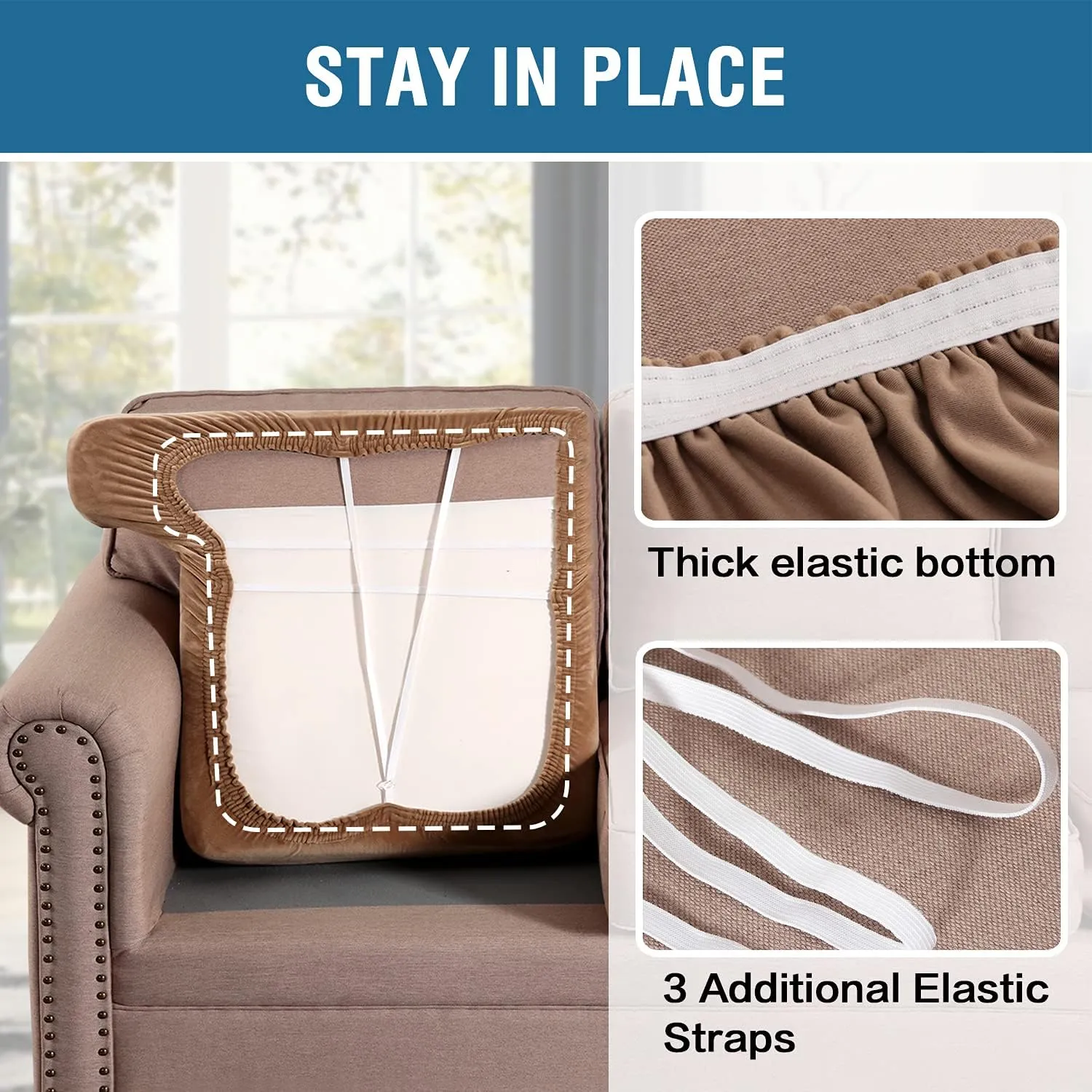 H.VERSAILTEX Stretch Velvet 2 Piece T Cushion Sofa Slipcovers - Individually Fitting Cushion Covers for 2 Cushion Couch - Stay in Place (Camel)