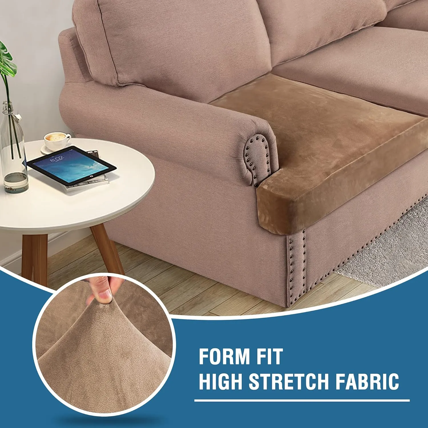 H.VERSAILTEX Stretch Velvet 2 Piece T Cushion Sofa Slipcovers - Individually Fitting Cushion Covers for 2 Cushion Couch - Stay in Place (Camel)