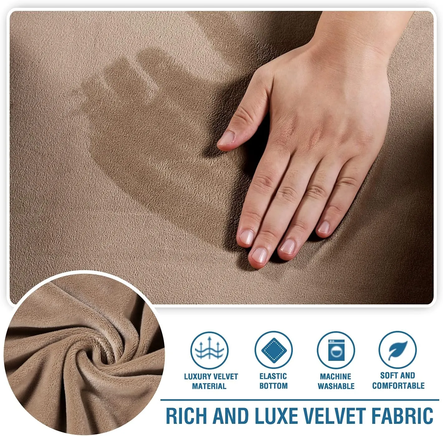 H.VERSAILTEX Stretch Velvet 2 Piece T Cushion Sofa Slipcovers - Individually Fitting Cushion Covers for 2 Cushion Couch - Stay in Place (Camel)