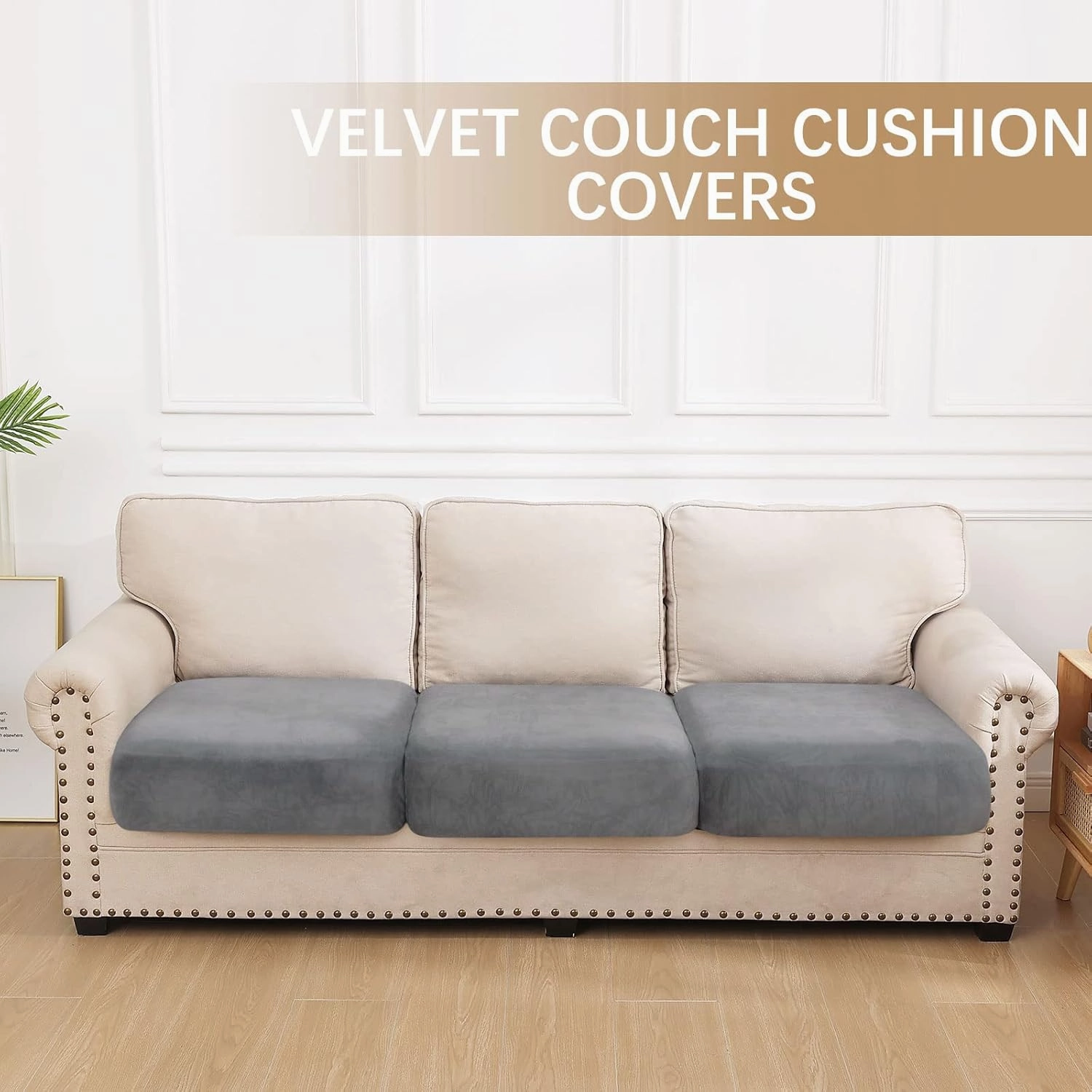 hyha Velvet Couch Cushion Covers, Soft Sofa Seat Covers for sectional 3 Cushion Couch Washable, Magic Sofa Slipcover with Elastic Bottom, Non-Slip Furniture Protector for Pets, Kid(3PC, Grey)
