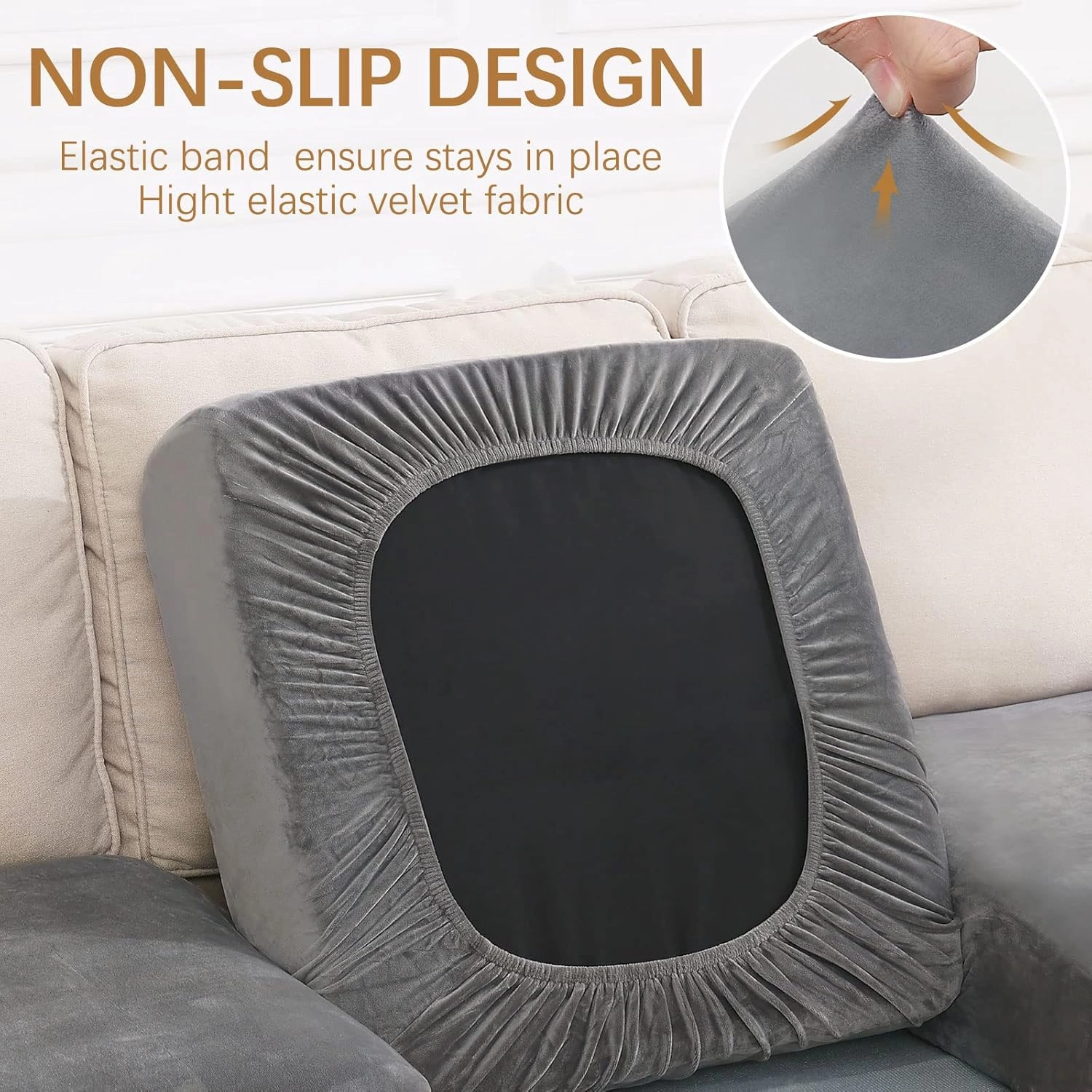 hyha Velvet Couch Cushion Covers, Soft Sofa Seat Covers for sectional 3 Cushion Couch Washable, Magic Sofa Slipcover with Elastic Bottom, Non-Slip Furniture Protector for Pets, Kid(3PC, Grey)