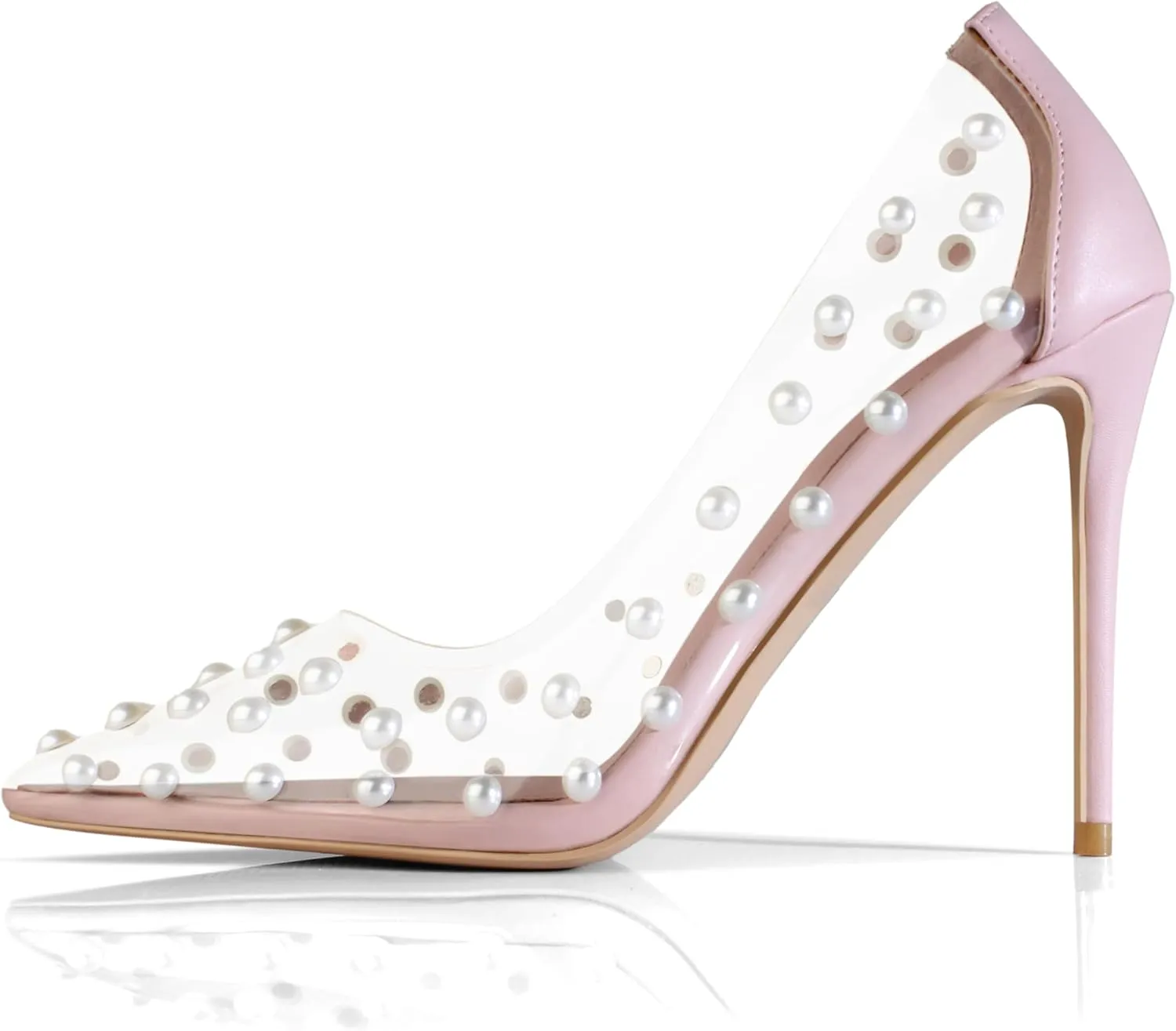 iadore Women's Pumps,11cm Pointed Toe Women High Heel Shoes Fashion Pearl Studded PVC Clear Heels Party Dress Pump Shoes