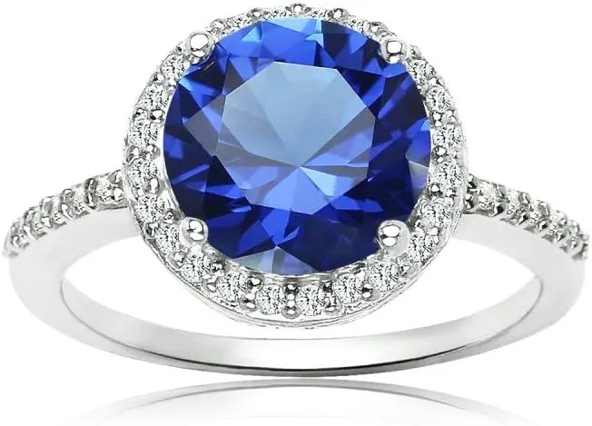 Ice Gems Sterling Silver Simulated Blue Sapphire and Cubic Zirconia Round Halo Ring