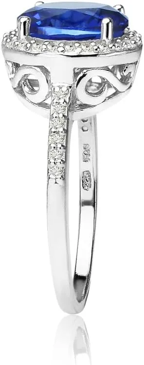 Ice Gems Sterling Silver Simulated Blue Sapphire and Cubic Zirconia Round Halo Ring