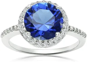 Ice Gems Sterling Silver Simulated Blue Sapphire and Cubic Zirconia Round Halo Ring