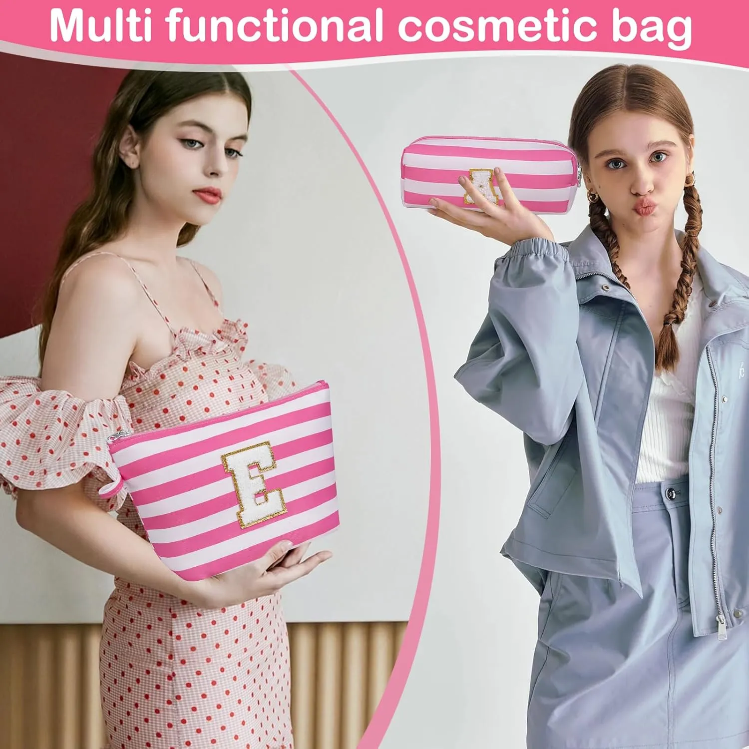 Initial Makeup Bag Set, Personalized Stripe Cosmetic Bag, Waterproof Travel Toiletry Bag, Cute Makeup Pouch for Women Preppy Teen Girls Gift Trendy Stuff Gift (Pink L)