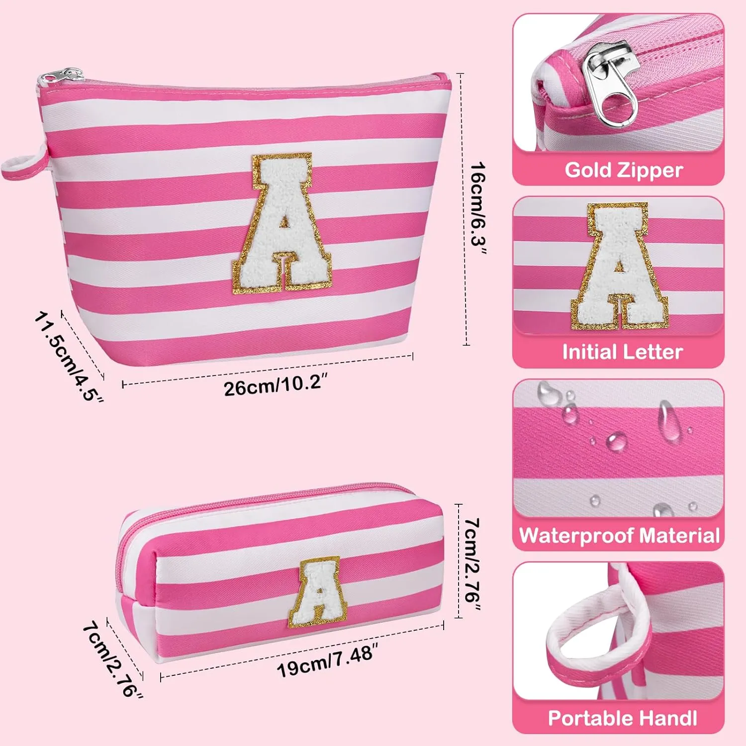 Initial Makeup Bag Set, Personalized Stripe Cosmetic Bag, Waterproof Travel Toiletry Bag, Cute Makeup Pouch for Women Preppy Teen Girls Gift Trendy Stuff Gift (Pink L)
