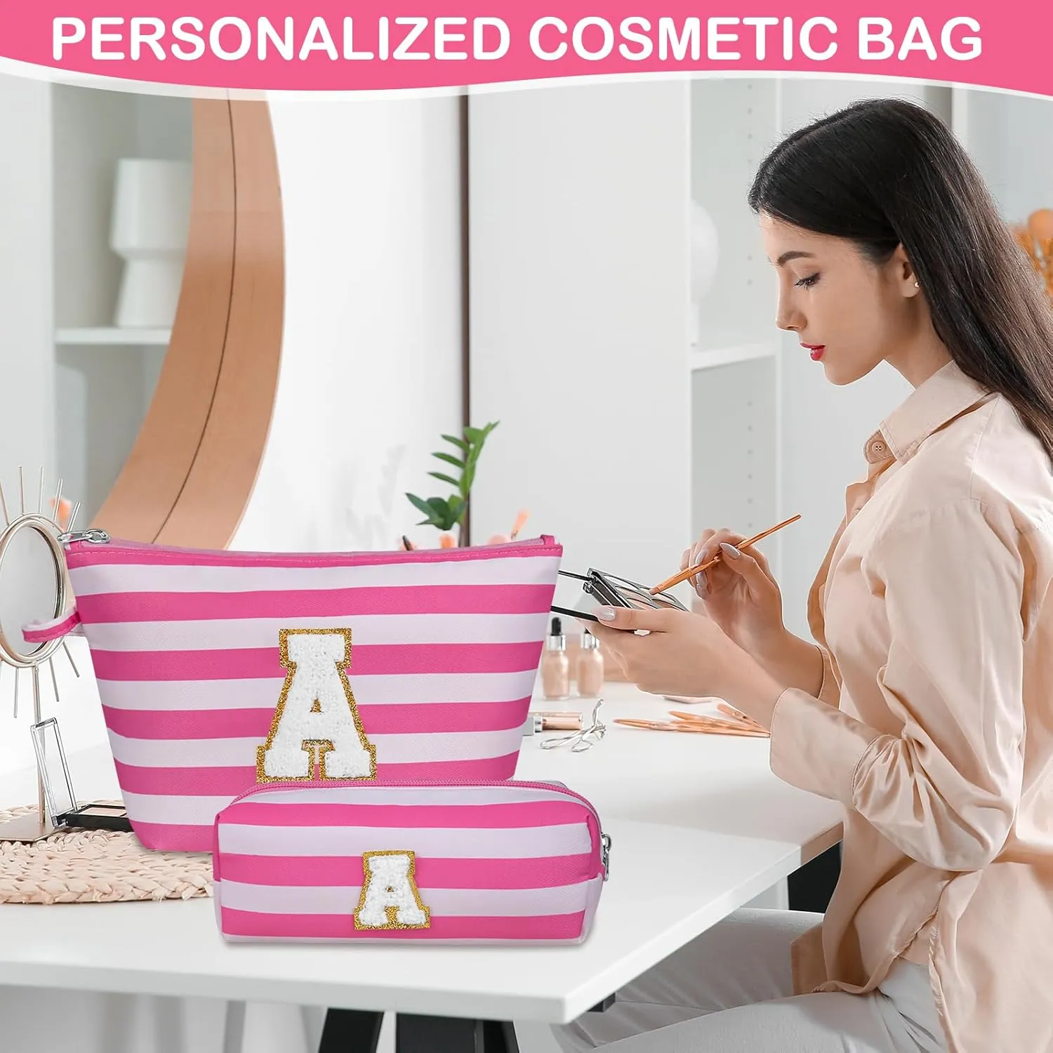 Initial Makeup Bag Set, Personalized Stripe Cosmetic Bag, Waterproof Travel Toiletry Bag, Cute Makeup Pouch for Women Preppy Teen Girls Gift Trendy Stuff Gift (Pink L)