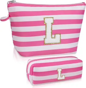 Initial Makeup Bag Set, Personalized Stripe Cosmetic Bag, Waterproof Travel Toiletry Bag, Cute Makeup Pouch for Women Preppy Teen Girls Gift Trendy Stuff Gift (Pink L)