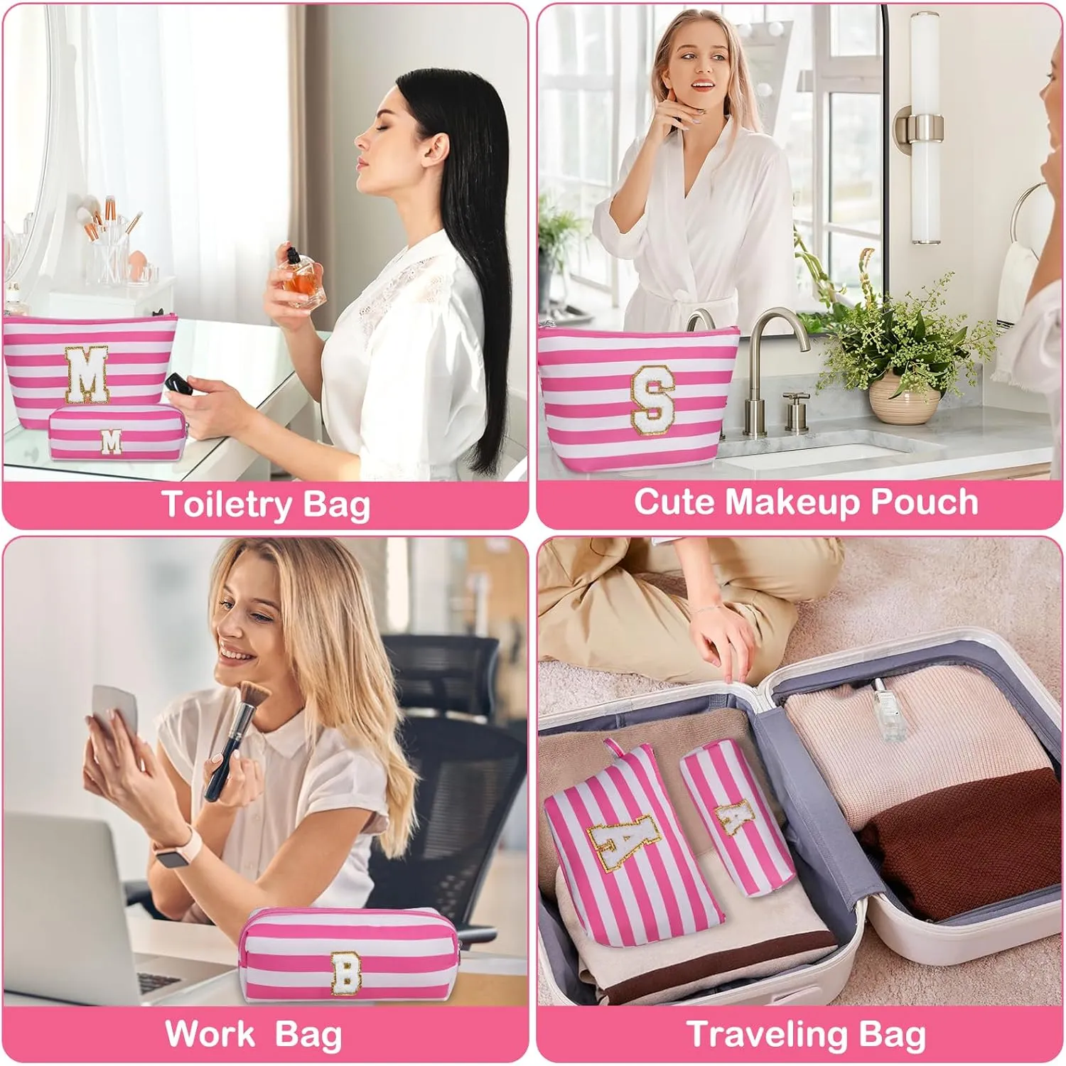 Initial Makeup Bag Set, Personalized Stripe Cosmetic Bag, Waterproof Travel Toiletry Bag, Cute Makeup Pouch for Women Preppy Teen Girls Gift Trendy Stuff Gift (Pink L)