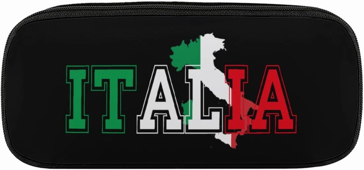 Italia Flag Colors Italia Map Fashion Pencil Case Large PU Leather Stationery Bag Easy to Clean Portable Pencil Pouch Makeup Bag